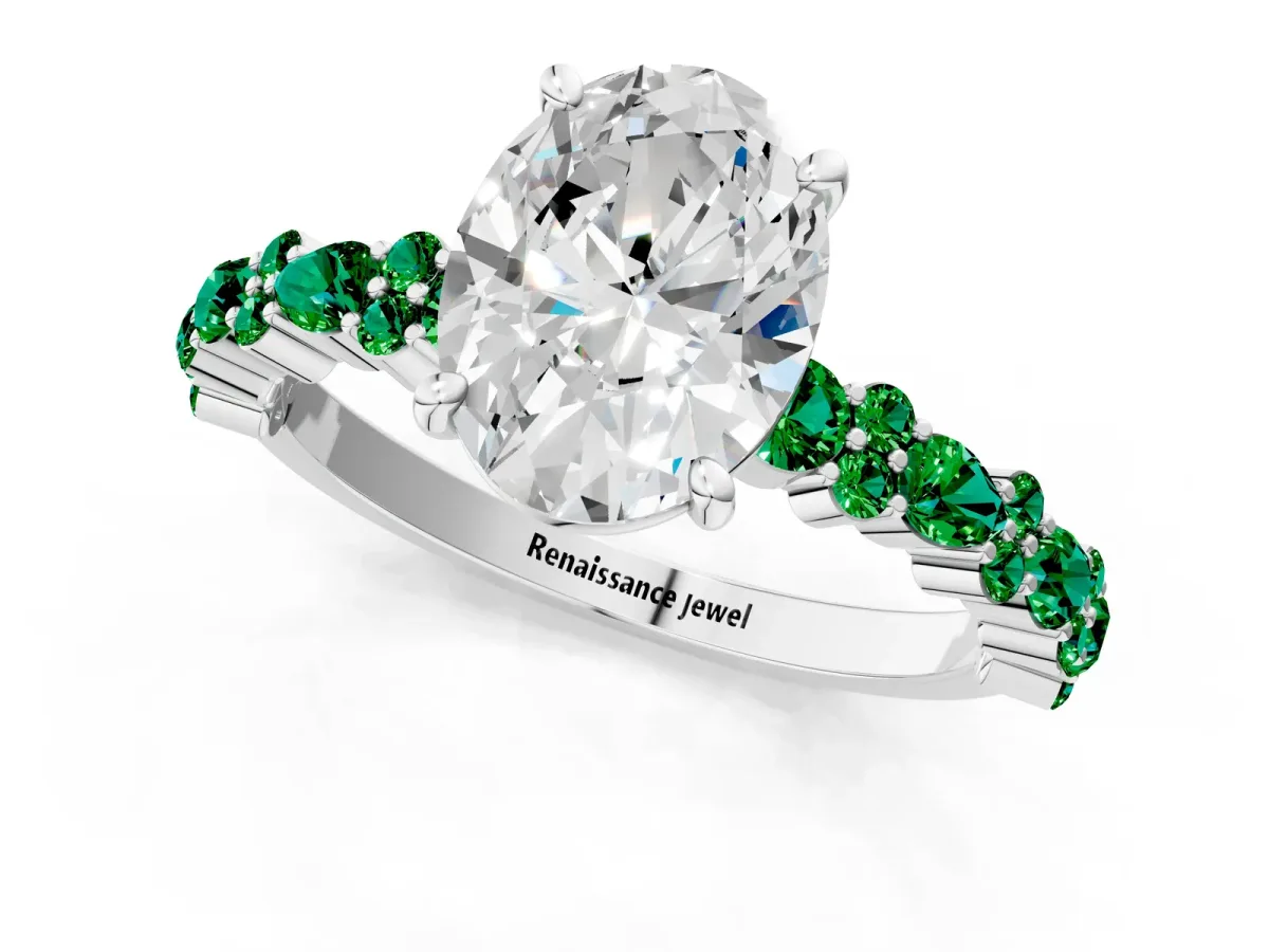 Oval Cut Diamond Side Stone Solitaire Ring with Round Emerald and Four-Prong Setting White gold