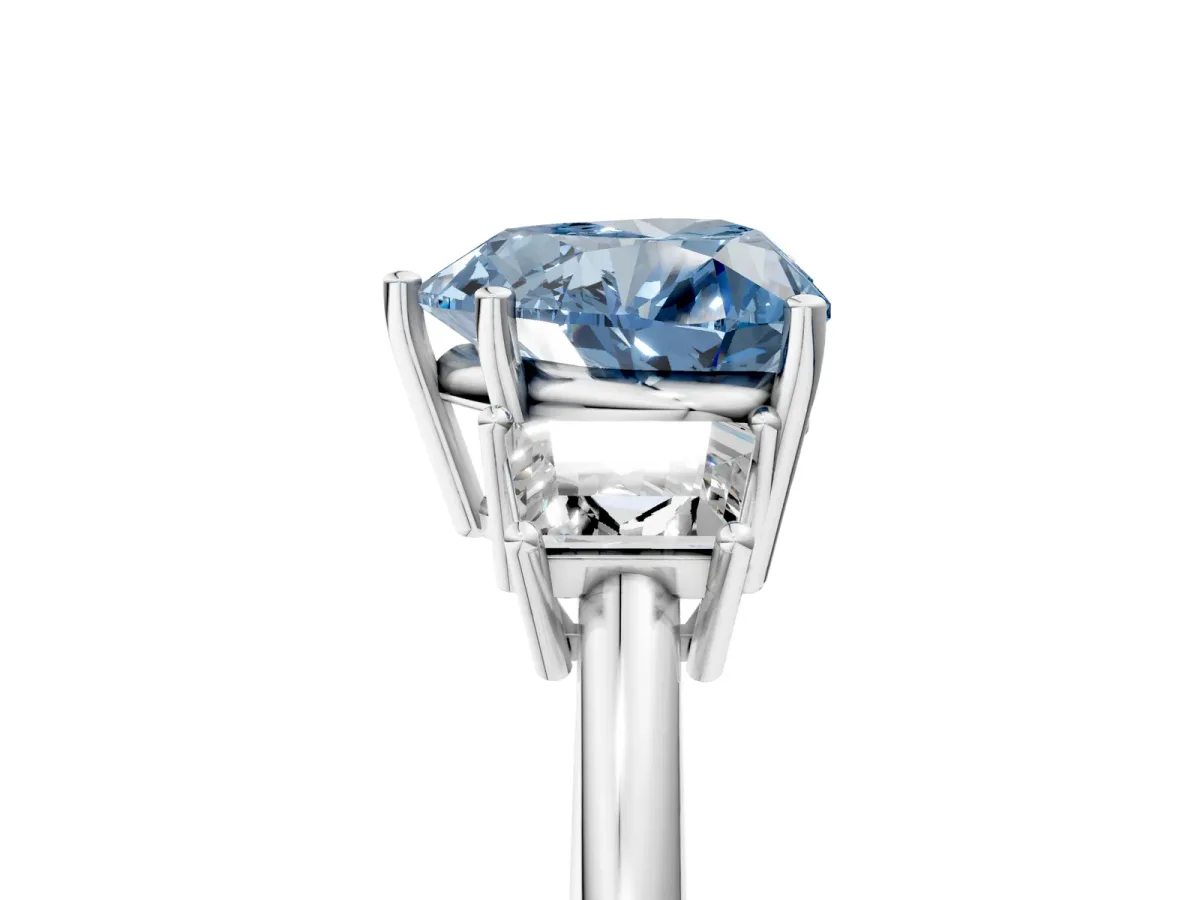 Fancy Blue Heart Cut Diamond Three-Stone Ring with Trapezoid Side Stones and Prong Setting Silver