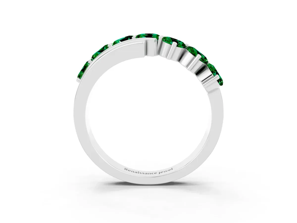 Round Emerald Wave Band with Channel and Shared Prong Setting Platinum