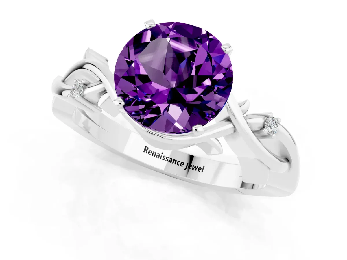 Round Cut Amethyst Solitaire Ring with Twisted Band and Prong Setting Platinum