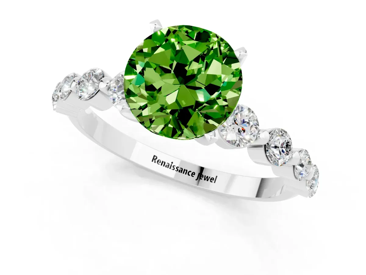 Round Cut Solitaire Peridot Ring with Pave Band and Four-Prong Setting Silver