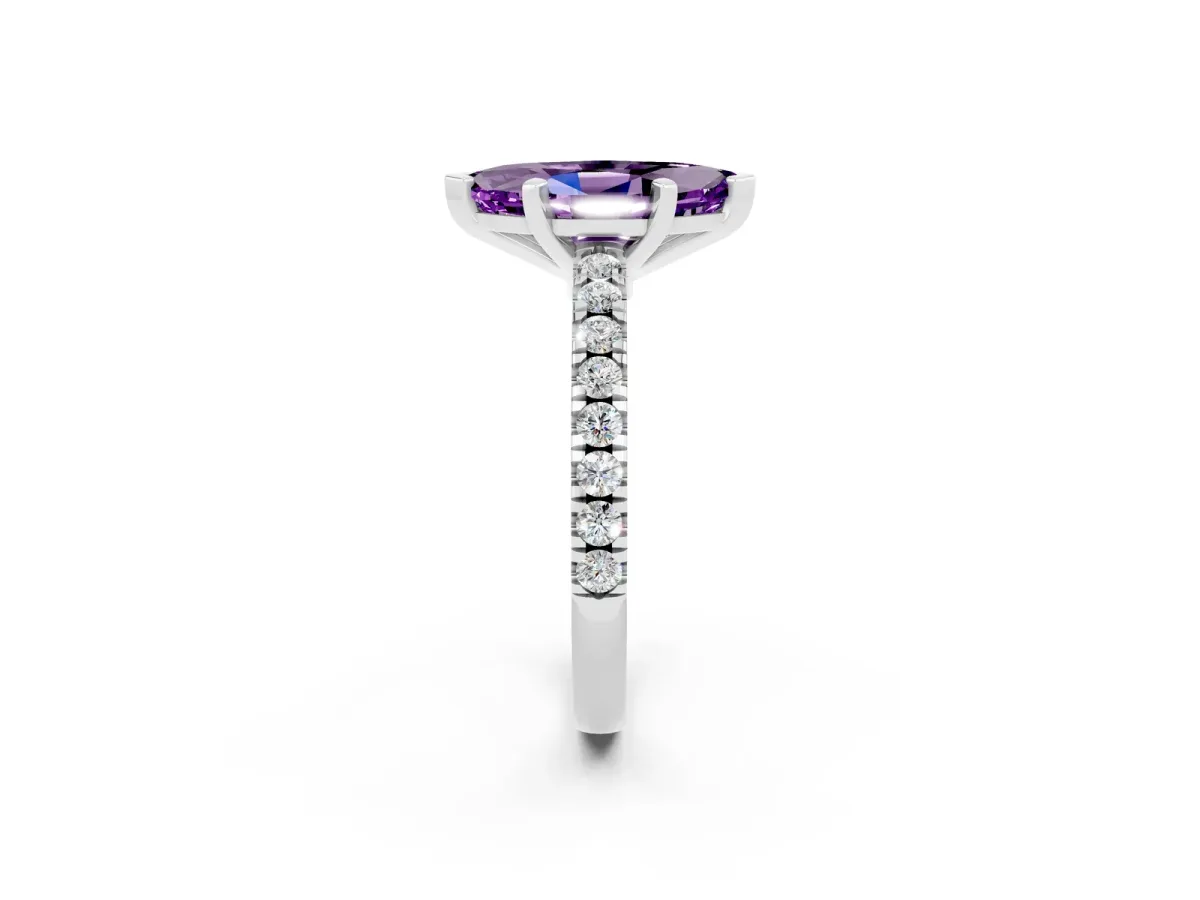 Marquise Cut Solitaire Amethyst with Pavé Band and Four-Prong Setting Silver