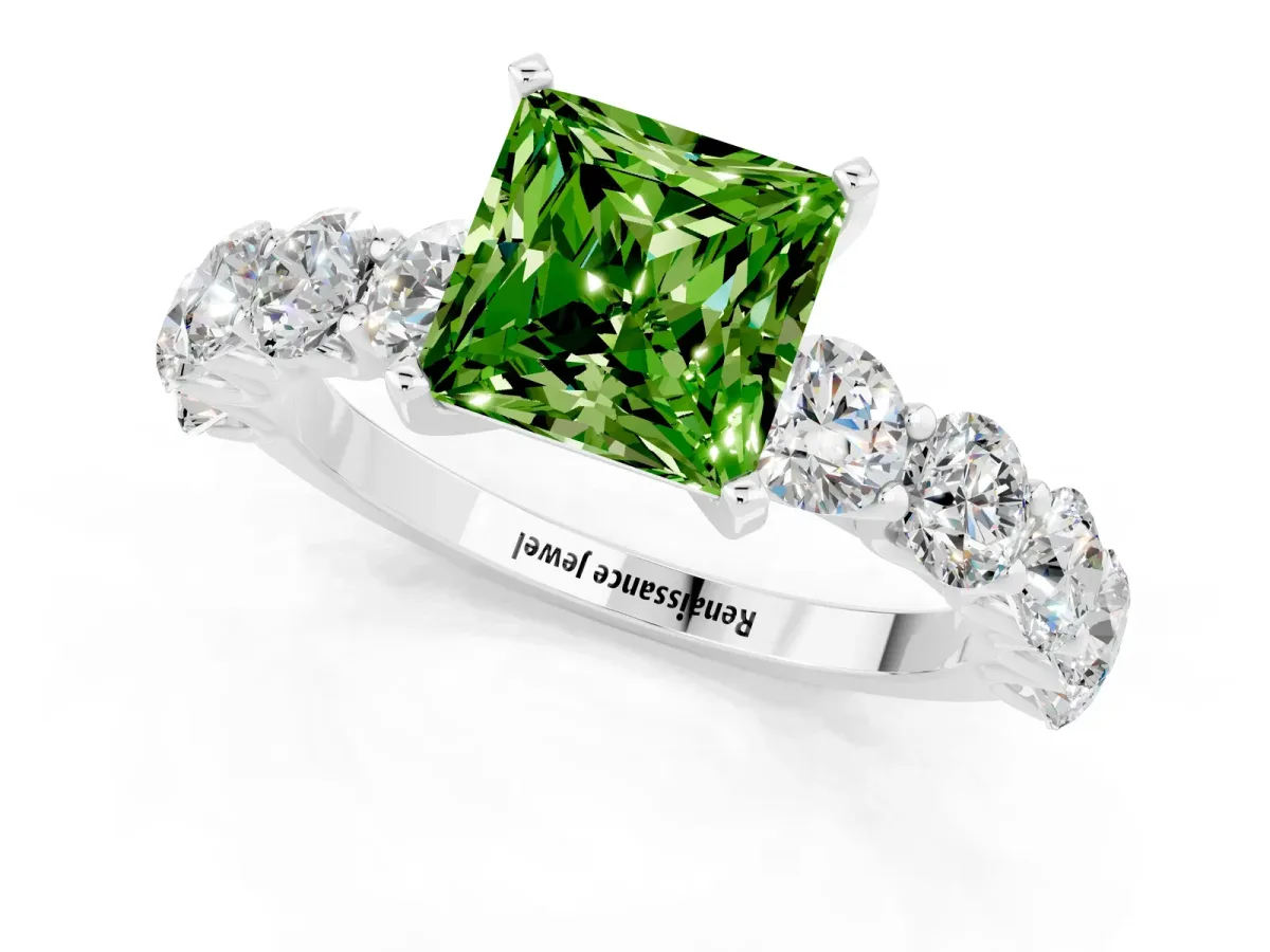 Princess Cut Peridot Prong Setting with Side Stones on a Pave Band Silver