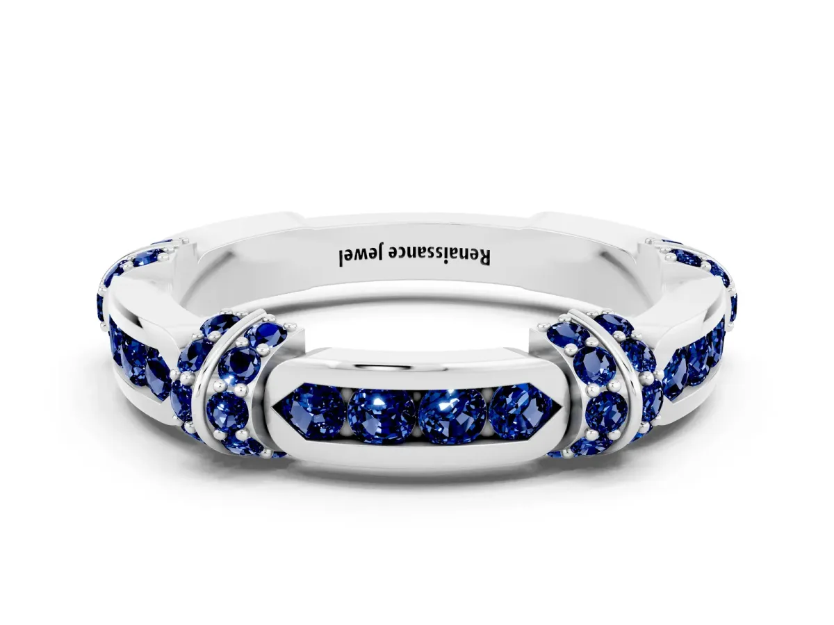 Pavé Round Blue Sapphire Link Band with Bezel Setting Platinum