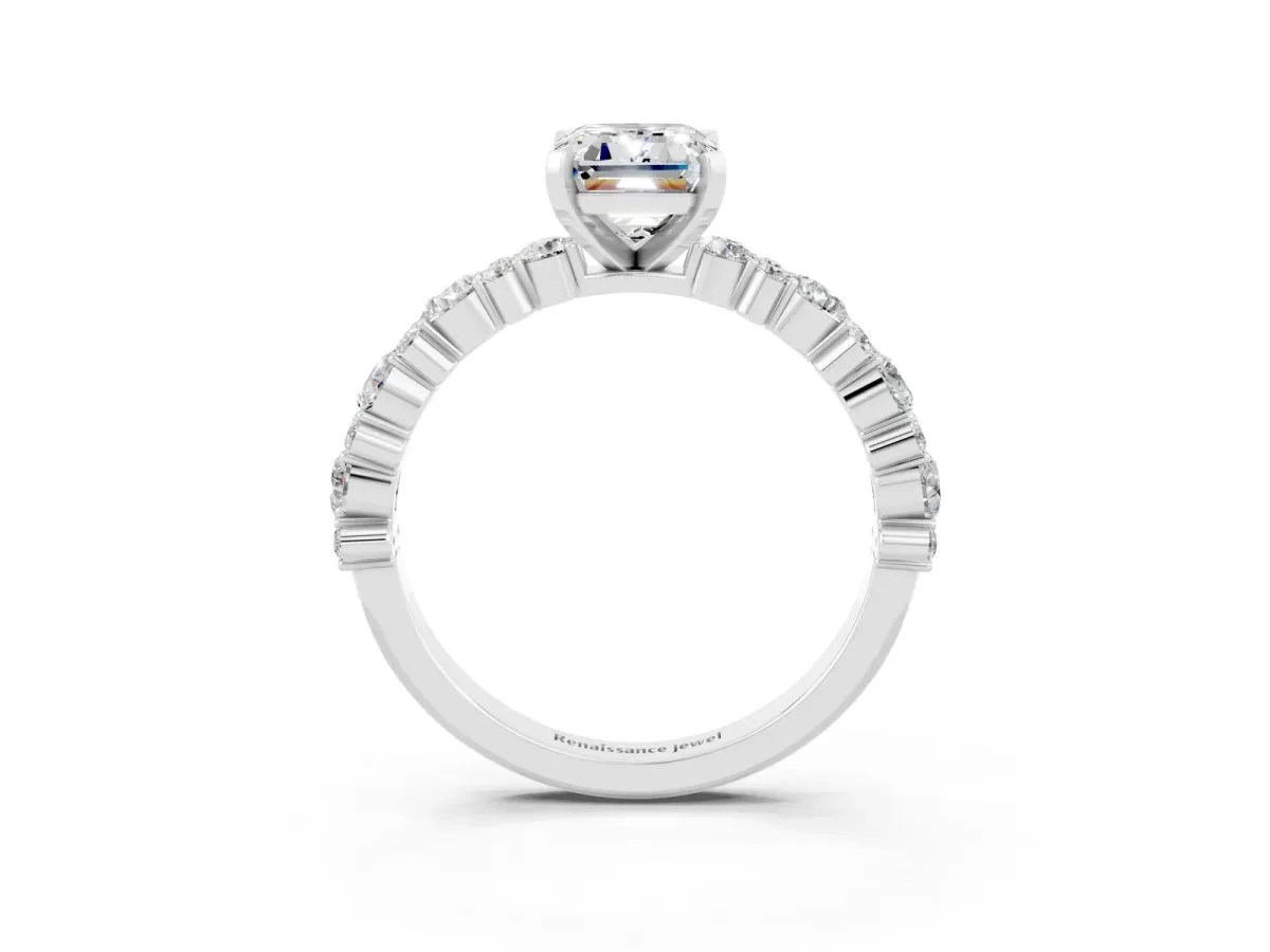 Emerald Cut Moissanite Side Stone Solitaire Ring with Round and Four-Prong Setting White gold