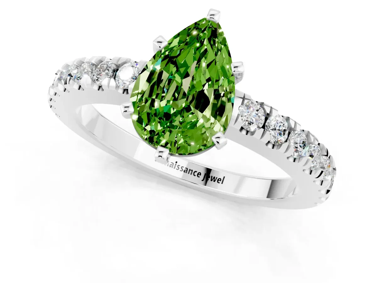 Pear Cut Solitaire Peridot with Pavé Band and Four-Prong Setting Platinum
