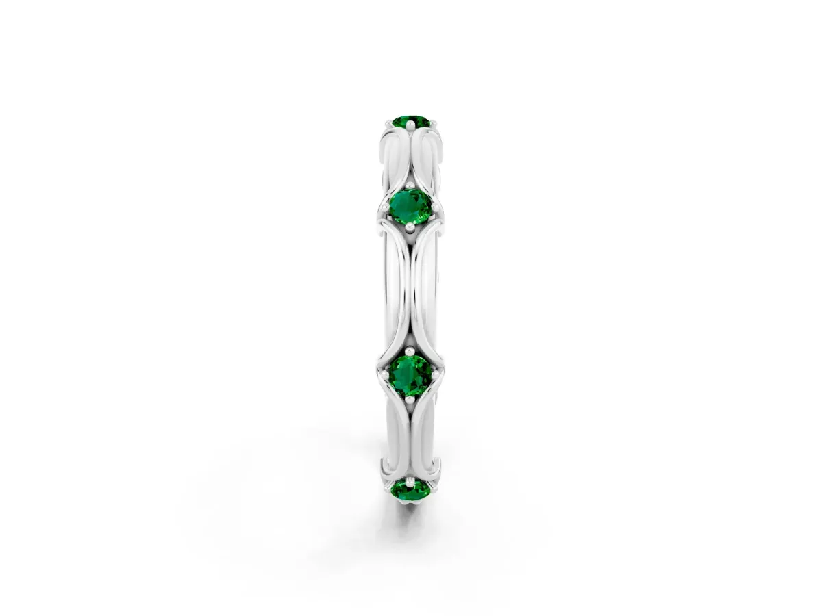Round Emerald Prong Set Milgrain Eternity Band Platinum