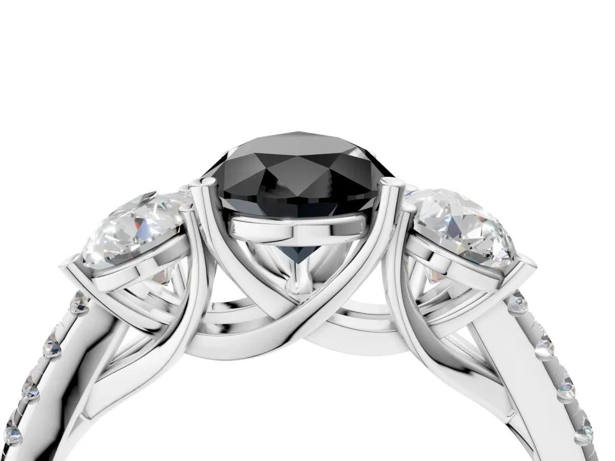 Fancy Black Three-Stone Pear Cut Diamond Ring with Round Pavé Band and Prong Setting Silver