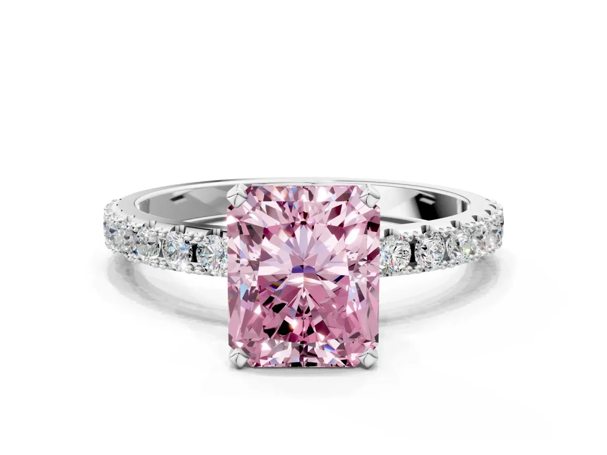 Fancy Pink Radiant Cut Diamond Solitaire Pavé Band with Four-Prong Setting Silver