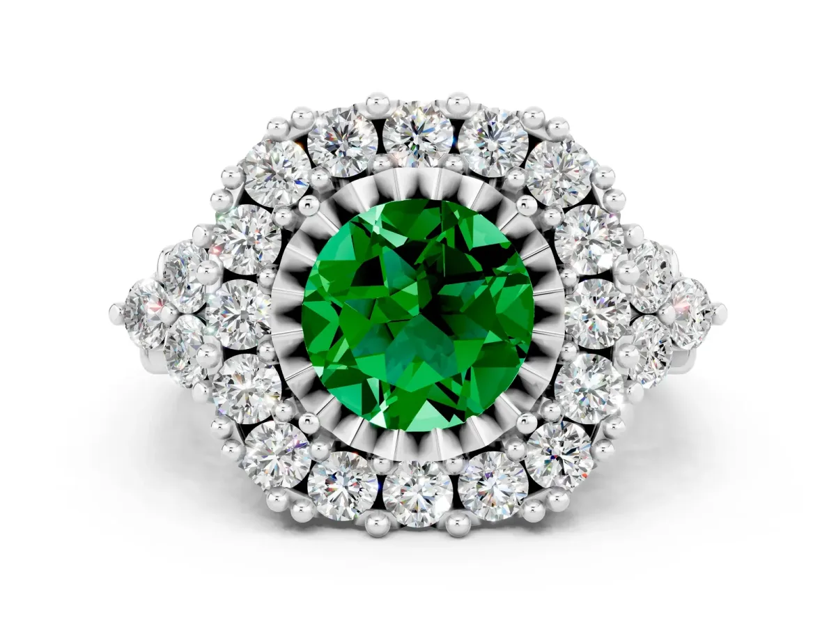 Round Cut Emerald Halo Ring with Pavé Band and Four-Prong Setting Silver