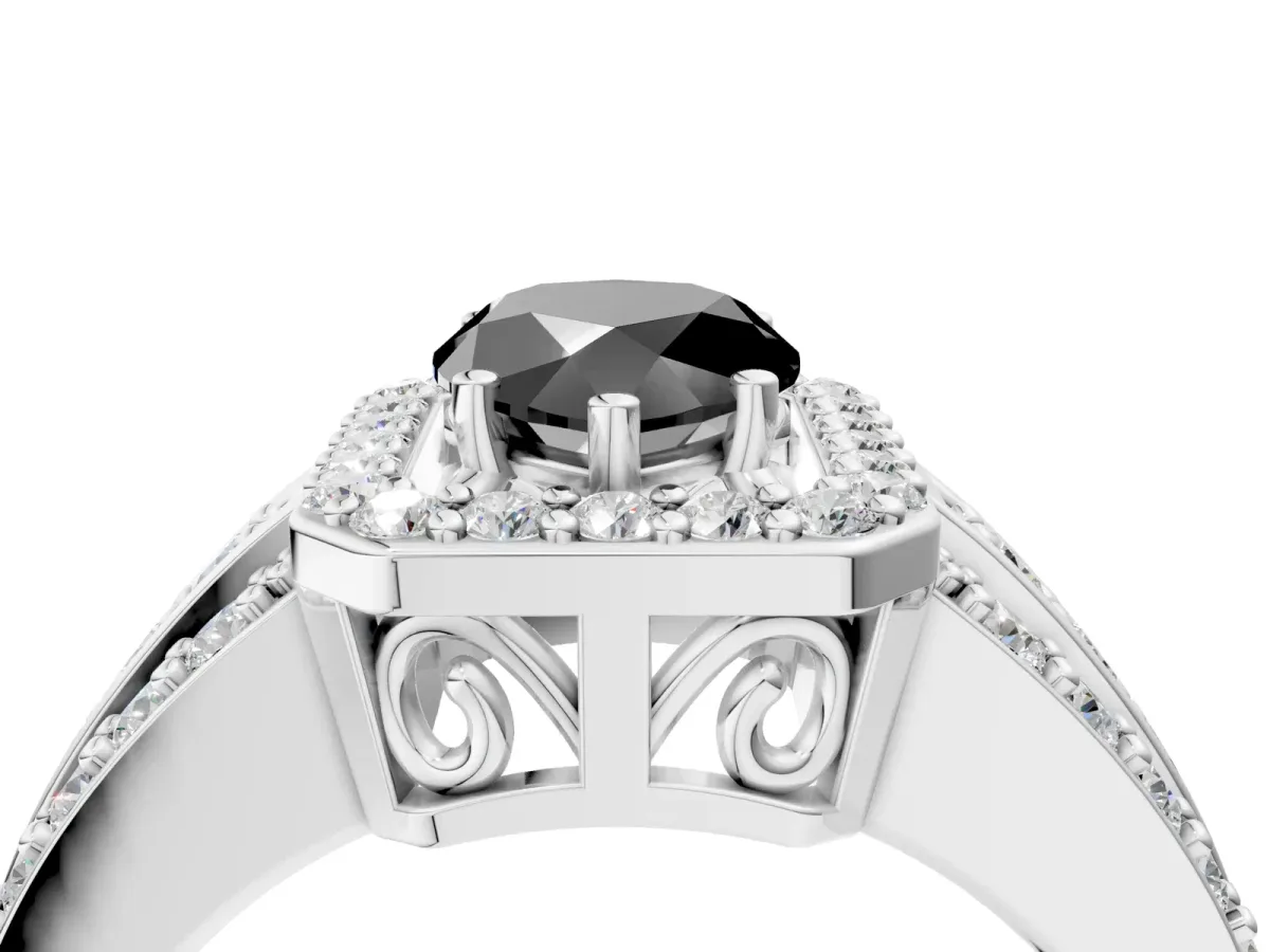 Fancy Black Pear Cut Halo Diamond Ring with Round Split Shank and Prong Setting Platinum