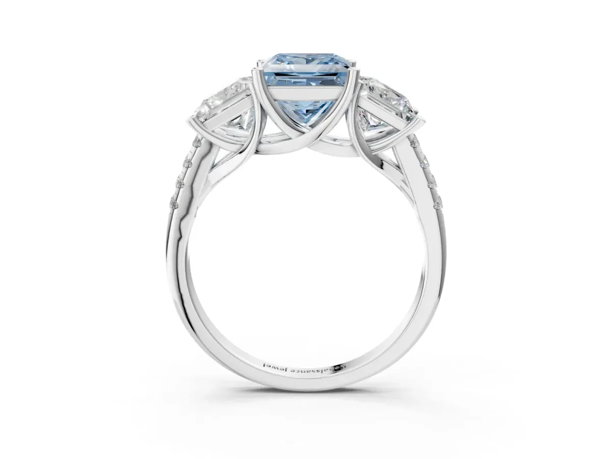 Fancy Blue Three-Stone Princess Cut Diamond Ring with Round Pavé Band and Prong Setting Silver