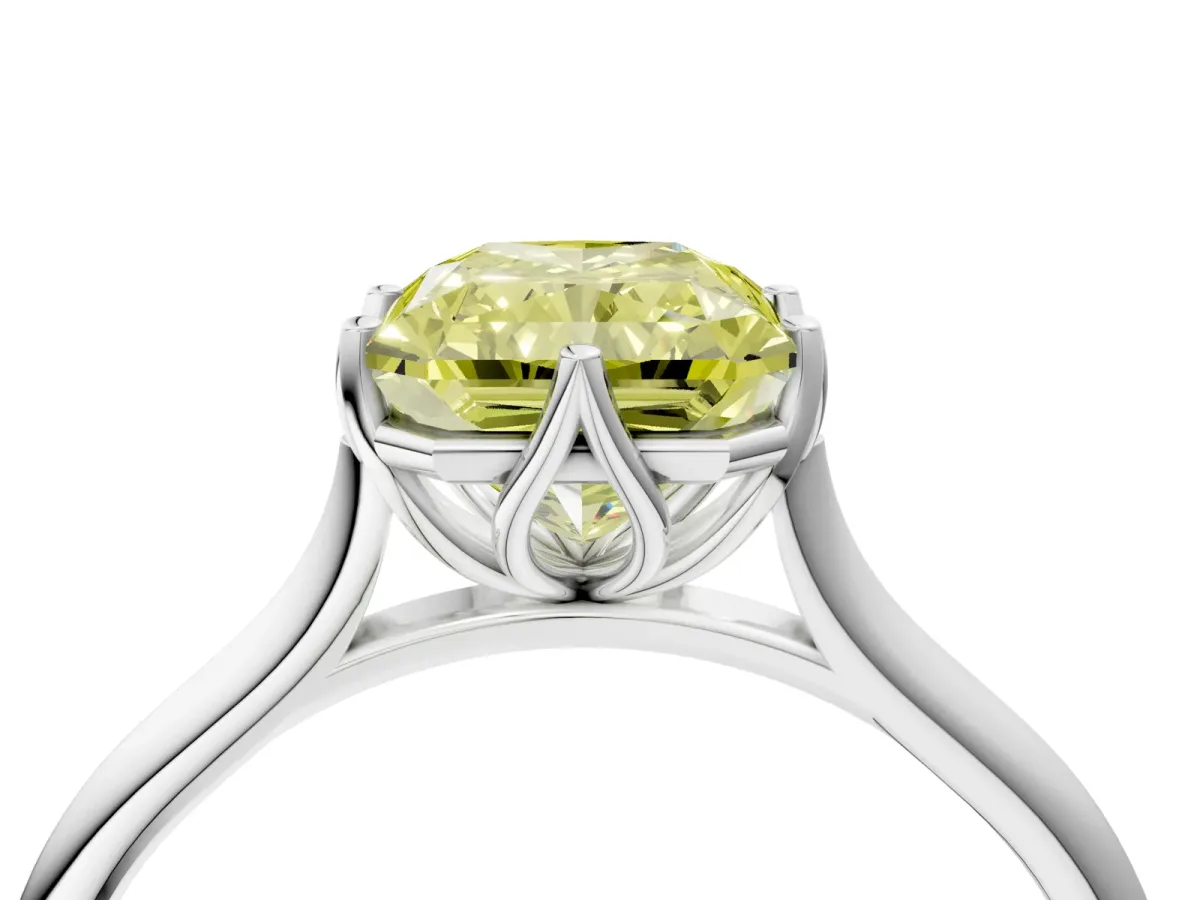 Fancy Yellow Radiant Cut Solitaire Cathedral Diamond Ring with Six-Prong Setting Platinum