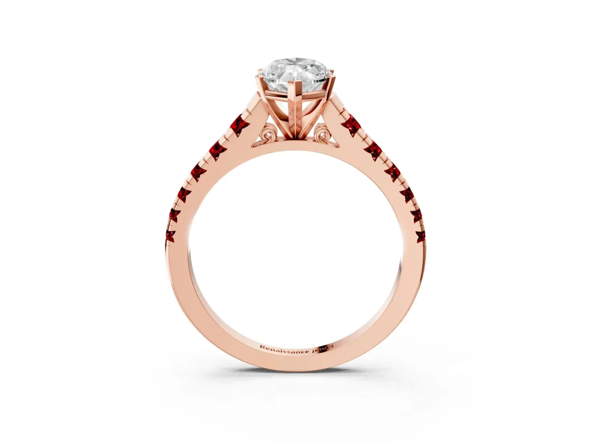 Marquise Cut Diamond Cathedral Solitaire Ring with Round Ruby Pavé Band Rose gold