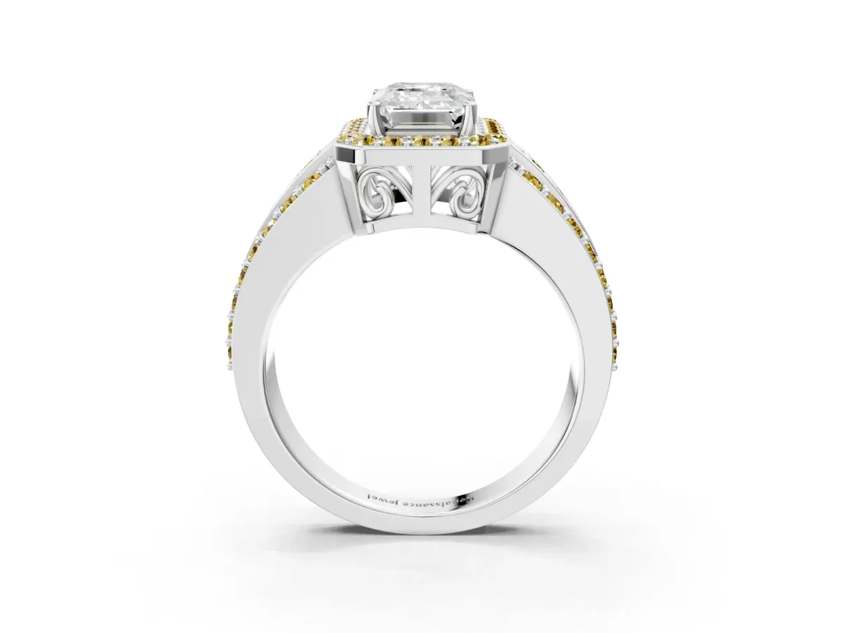 Emerald Cut Halo Diamond Ring with Round Yellow Sapphire Split Shank and Prong Setting Silver