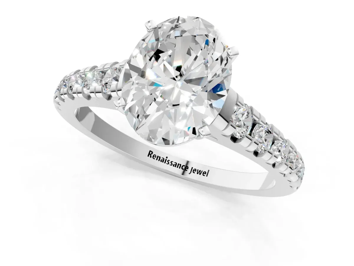 Oval Cut Diamond Cathedral Solitaire Ring with Round Pavé Band Platinum