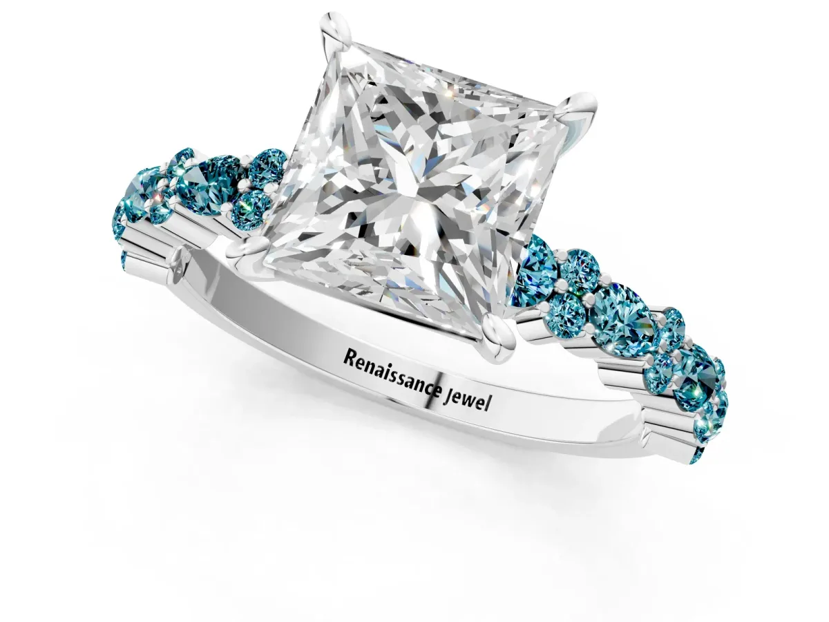 Princess Cut Diamond Side Stone Solitaire Ring with Round Blue Topaz and Four-Prong Setting Silver