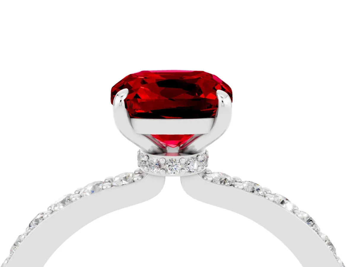 Cushion Cut Ruby Pavé Engagement Ring with Round Accents and Prong Setting Platinum