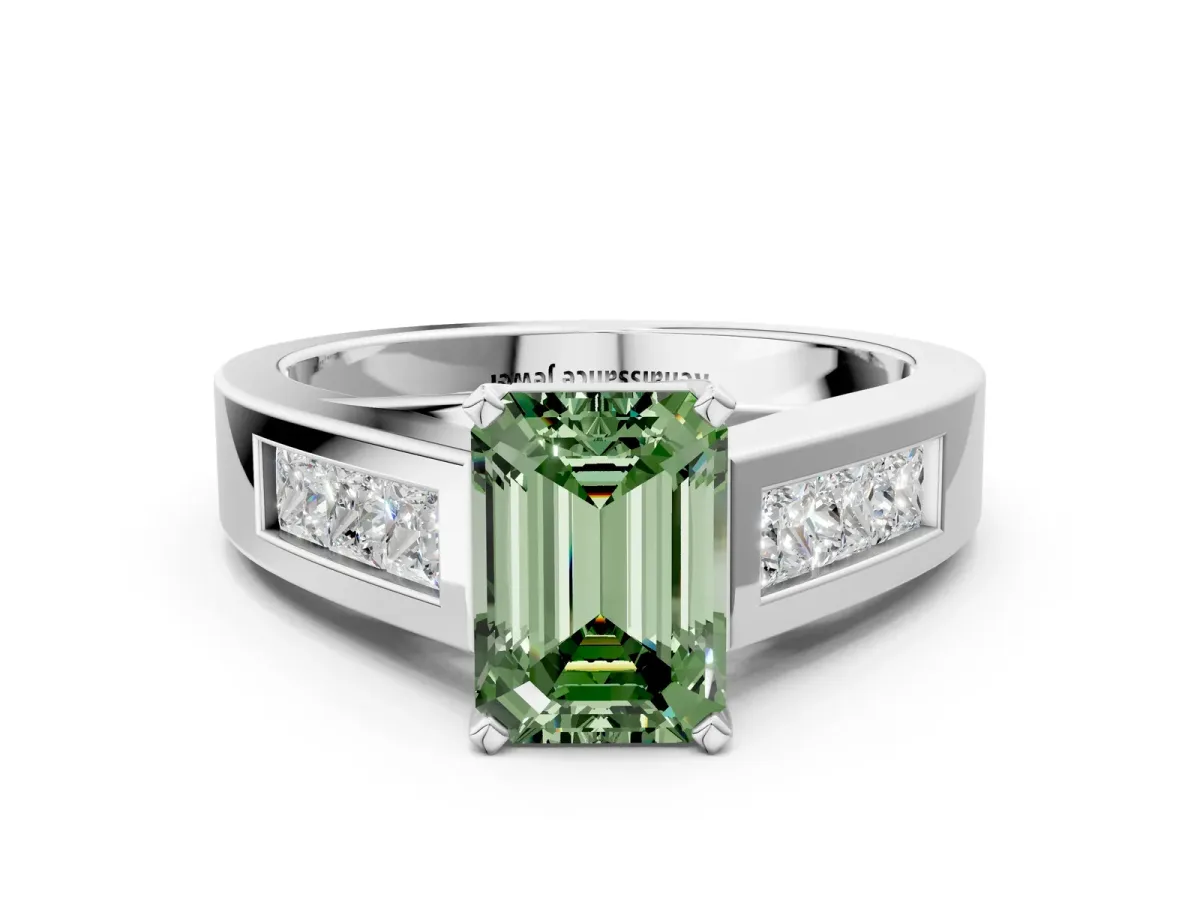 Fancy Green Emerald Cut Cut Channel Set Solitaire Ring with Four-Prong Setting Silver