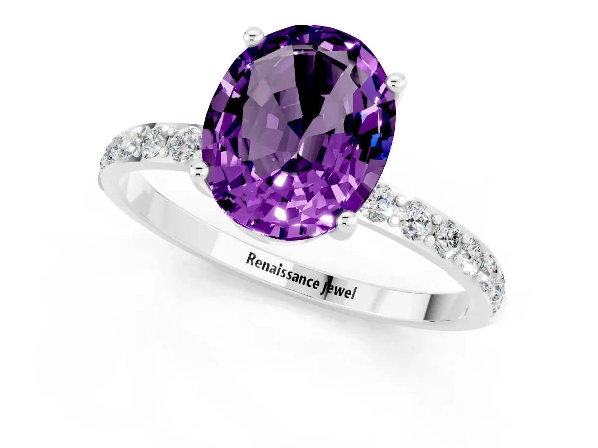 Oval Cut Amethyst Solitaire Ring with Round Pavé Band and Prong Setting Platinum