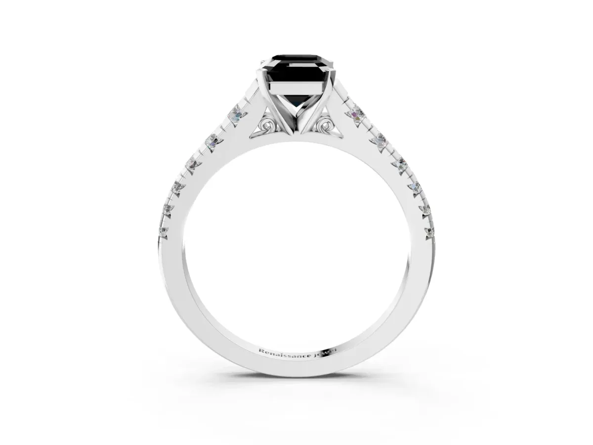 Fancy Black Emerald Cut Diamond Cathedral Solitaire Ring with Round Pavé Band Silver