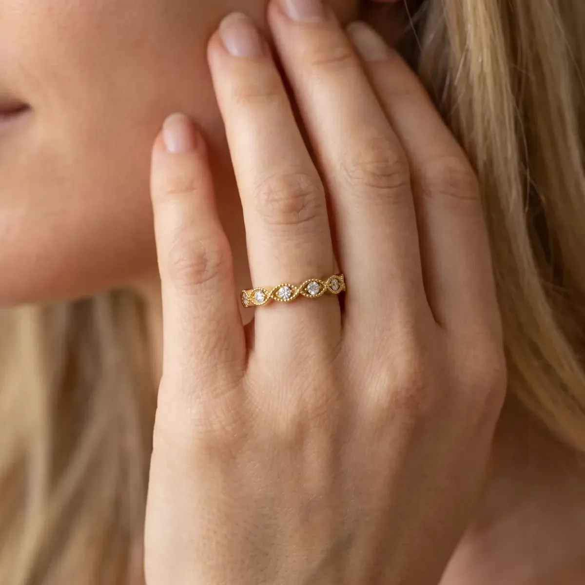Milgrain Marquise Diamond Half Eternity Band with Bezel Setting Yellow gold