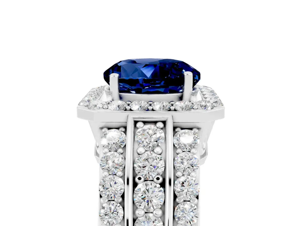 Round Cut Halo Blue Sapphire Ring with Round Split Shank and Prong Setting Silver
