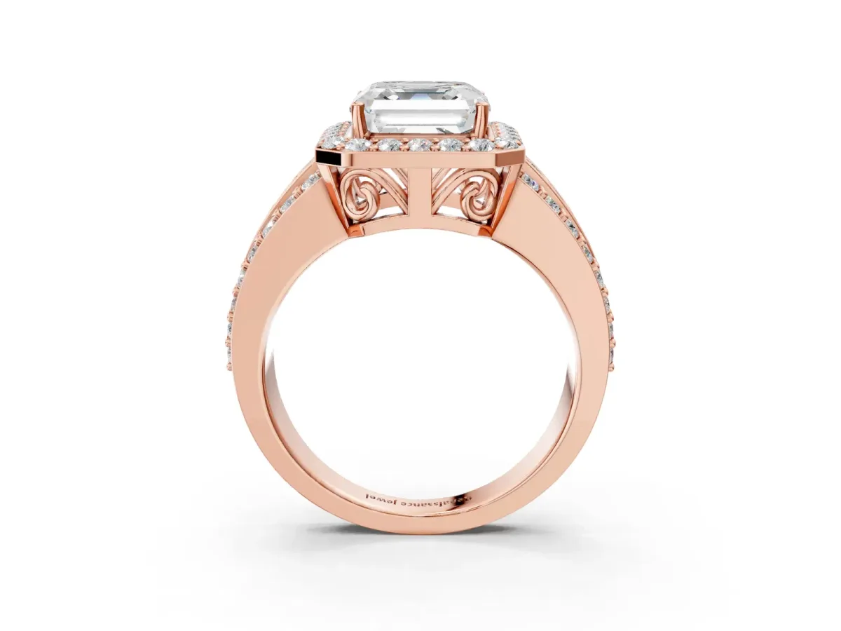 Asscher Cut Halo Diamond Ring with Round Split Shank and Prong Setting Rose gold