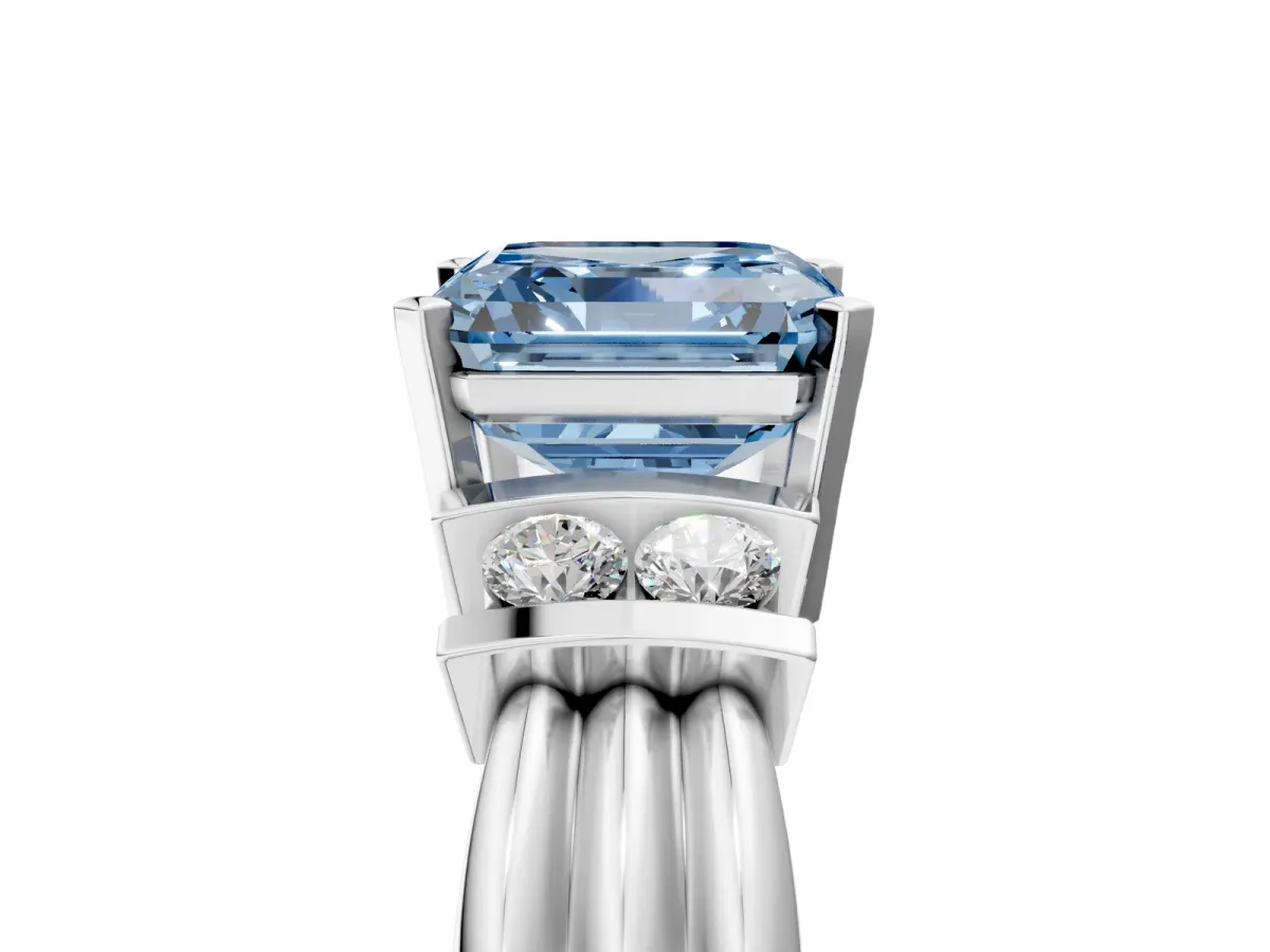 Fancy Blue Asscher Cut Cut Three-Stone Channel Set Ring with Bar Prongs Platinum