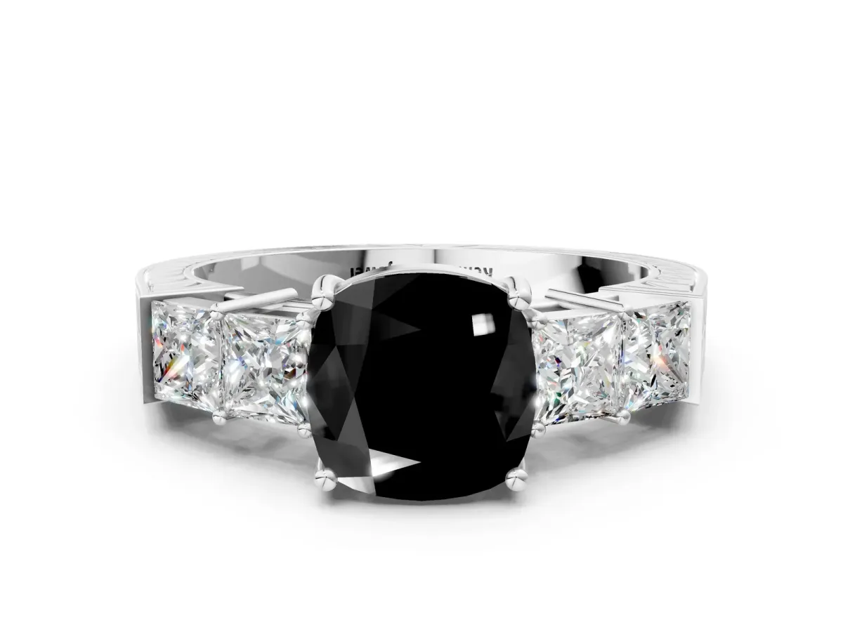 Fancy Black Cushion Cut Solitaire Princess Side Stone Engraved Band Prong Setting Ring Silver