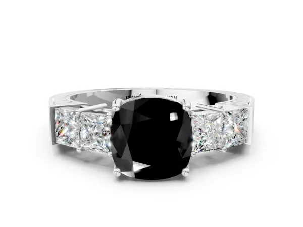 Fancy Black Cushion Cut Solitaire Princess Side Stone Engraved Band Prong Setting Ring Platinum