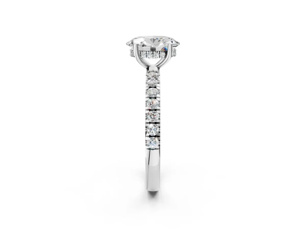 Oval Cut Diamond Pave Band Solitaire Ring with Round and Prong Setting Silver
