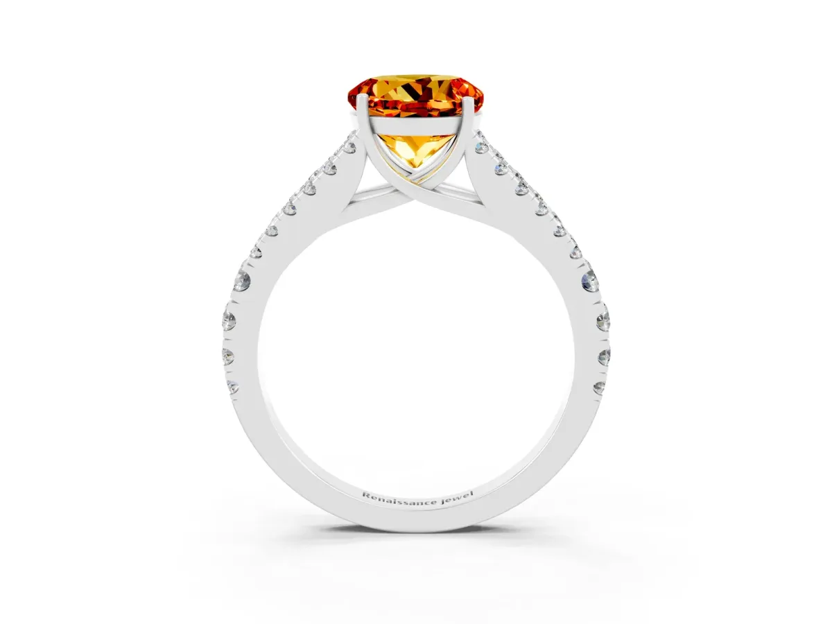 Round Cut Citrine Split Shank Engagement Ring with Round Pavé and Prong Setting Platinum