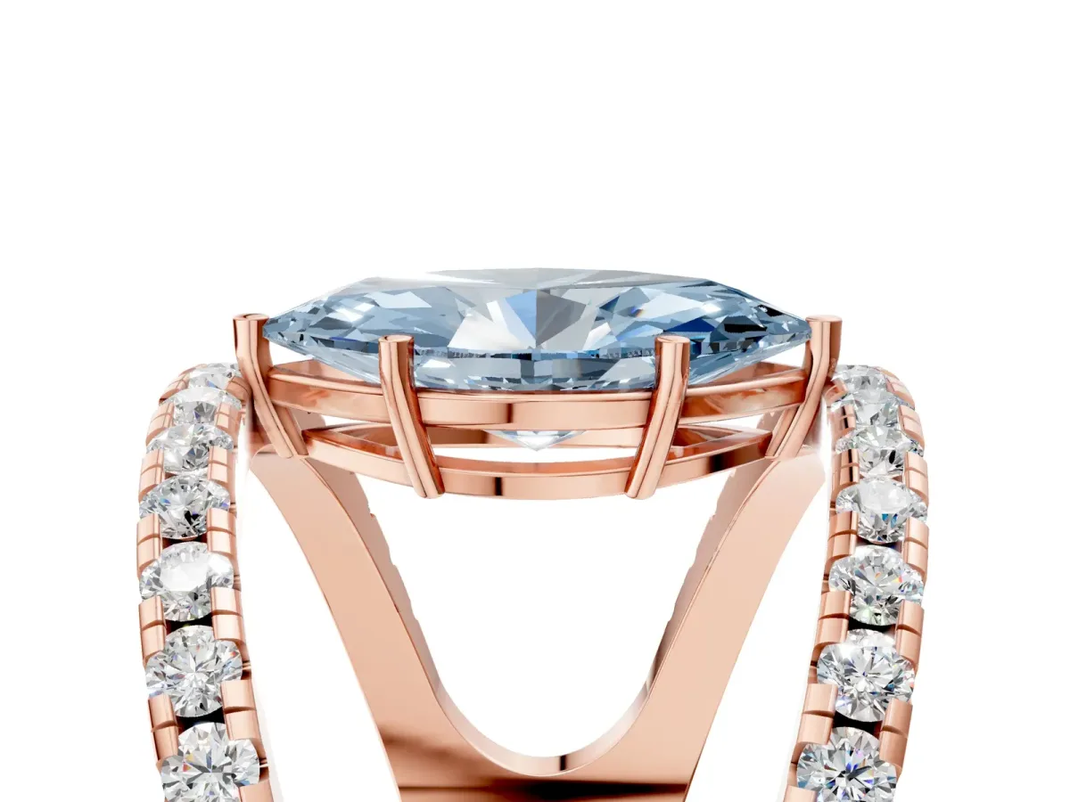 Fancy Blue Marquise Cut Solitaire Split Shank Pave Diamond Ring Rose gold