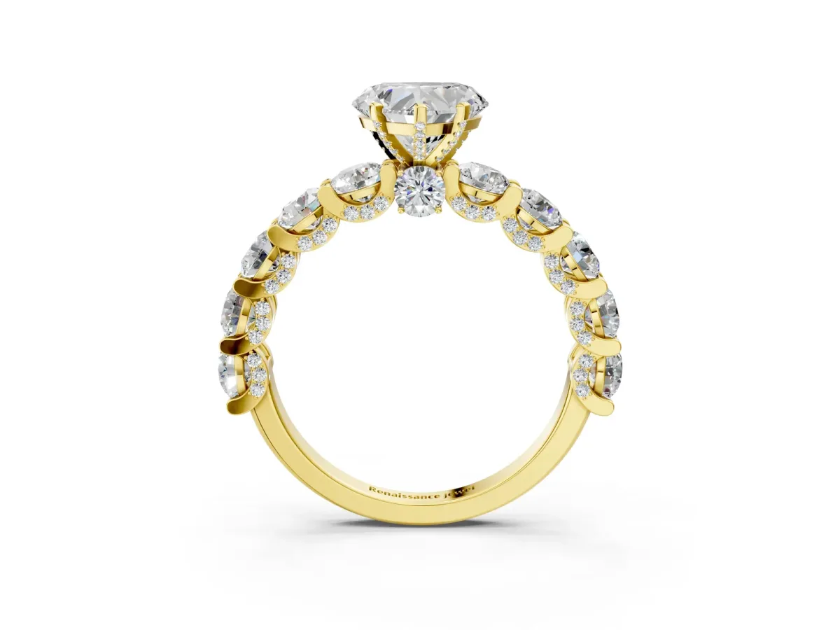 Heart Cut Diamond Side Stone Engagement Ring with Four-Prong Setting Yellow gold