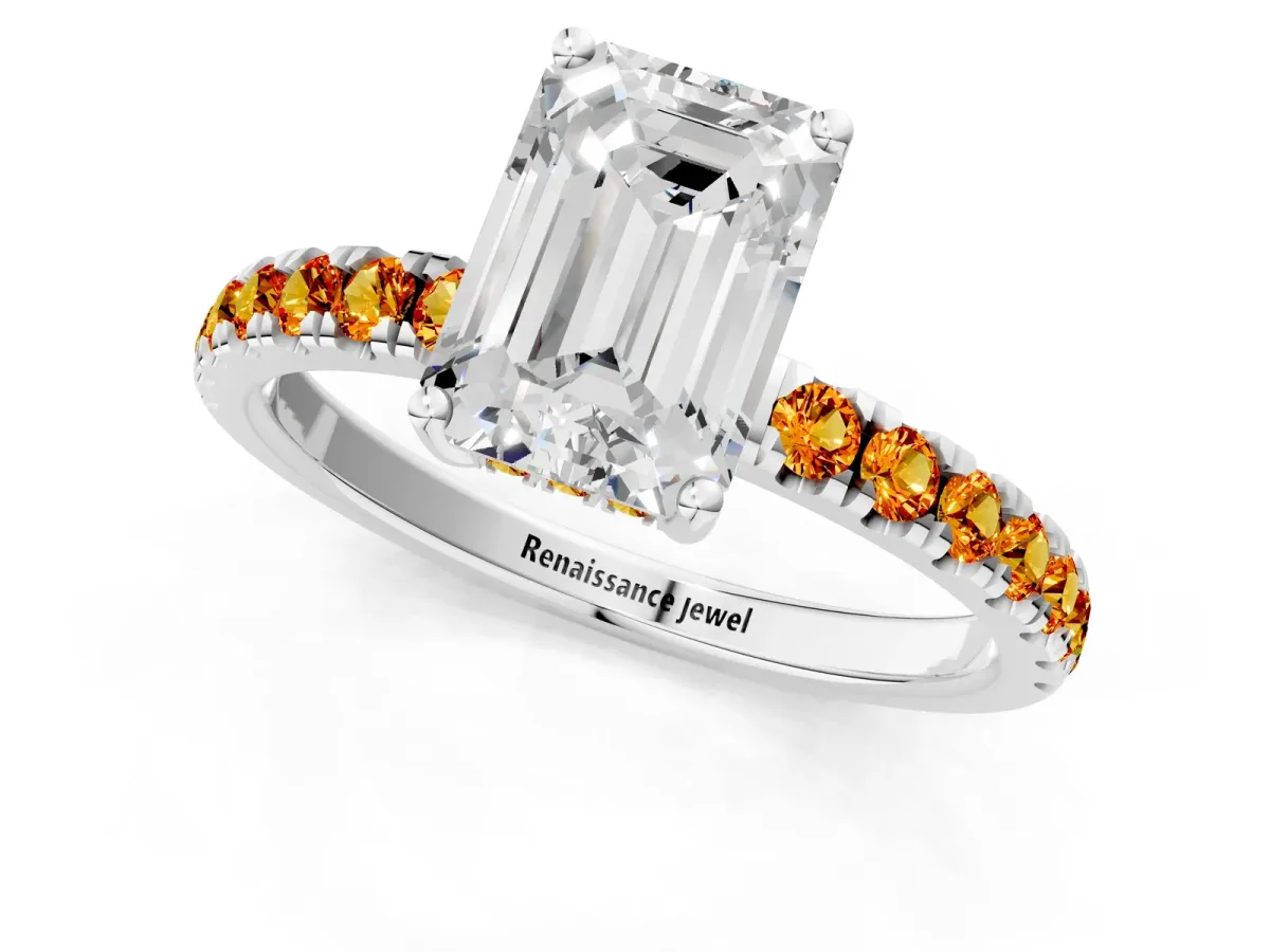 Emerald Cut Diamond Pave Band Solitaire Ring with Round Citrine and Prong Setting Platinum