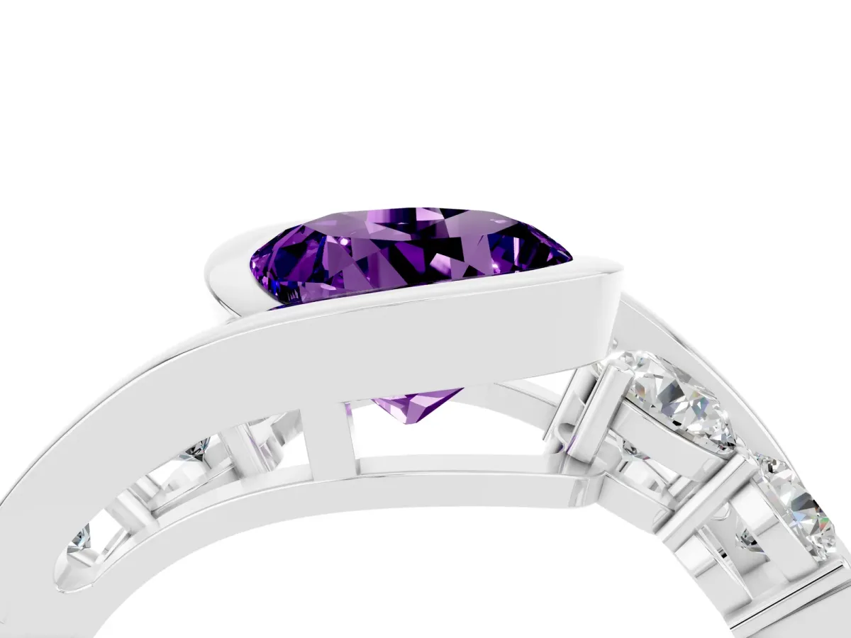 Bezel Set Round Cut Amethyst Bypass Ring with Round Accents Silver
