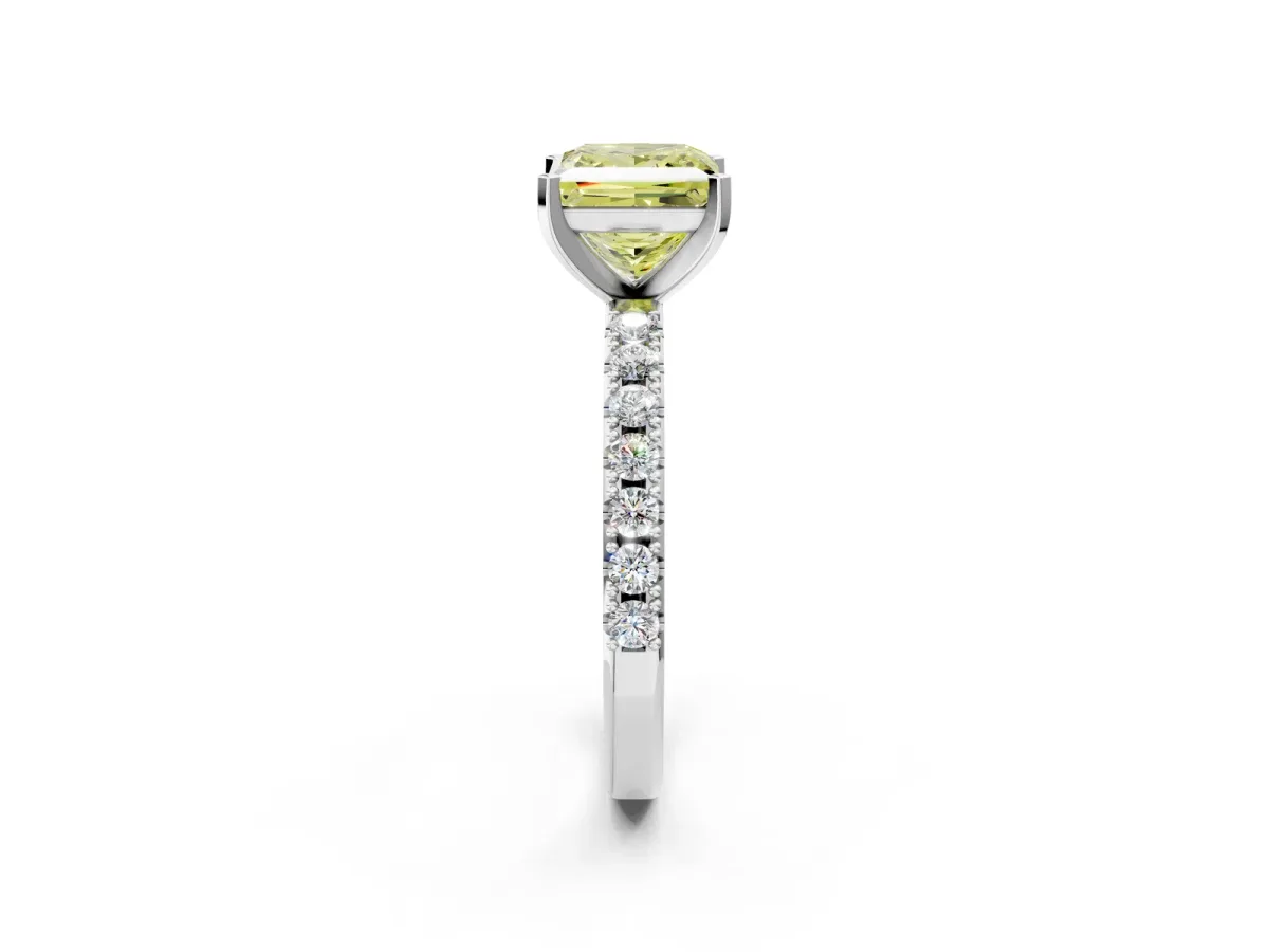 Fancy Yellow Princess Cut Diamond Solitaire Pavé Band with Four-Prong Setting Silver