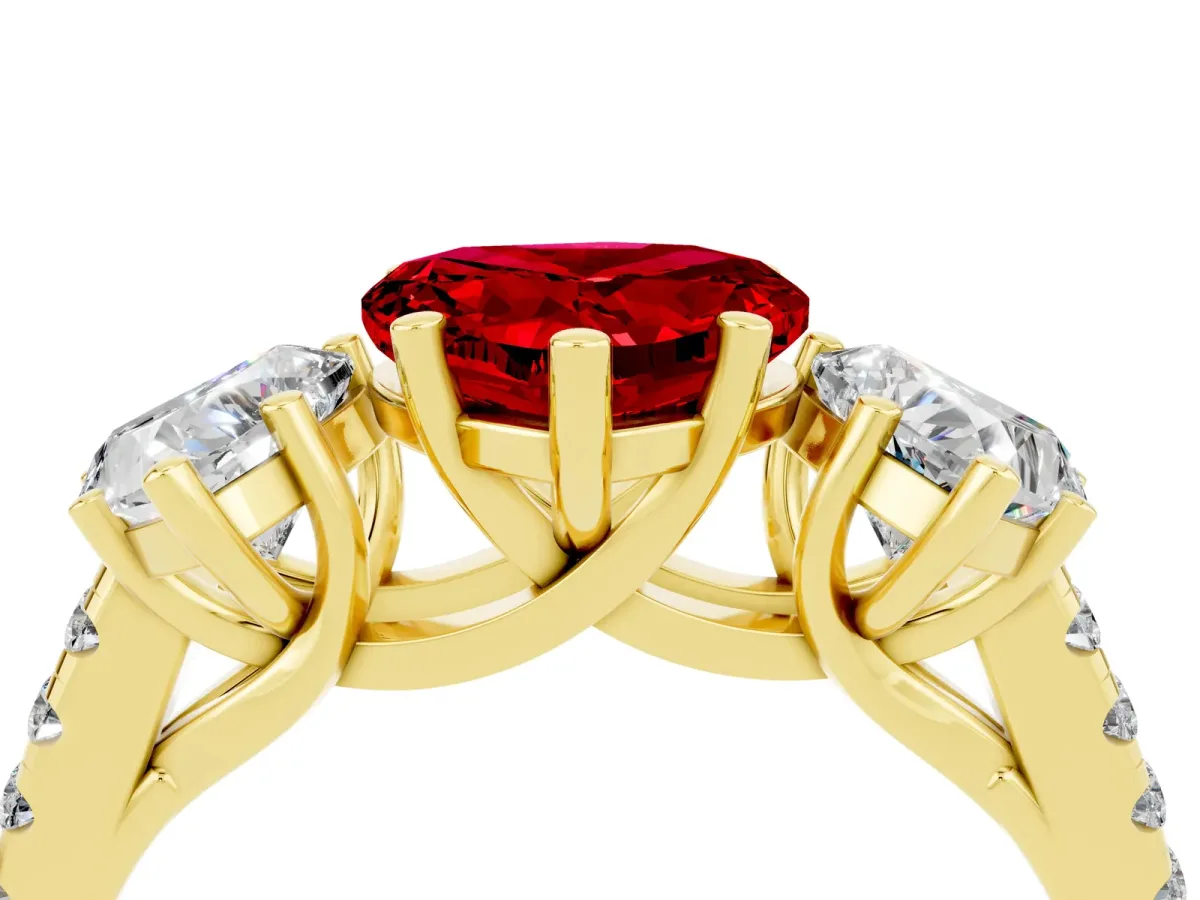 Three-Stone Heart Cut Ruby Ring with Round Pavé Band and Prong Setting Yellow gold