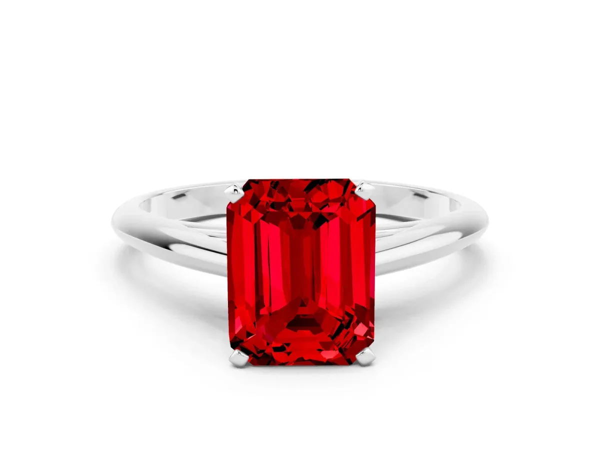 Emerald Cut Ruby Solitaire Engagement Ring with Cathedral Setting and Four-Prong Mount White gold
