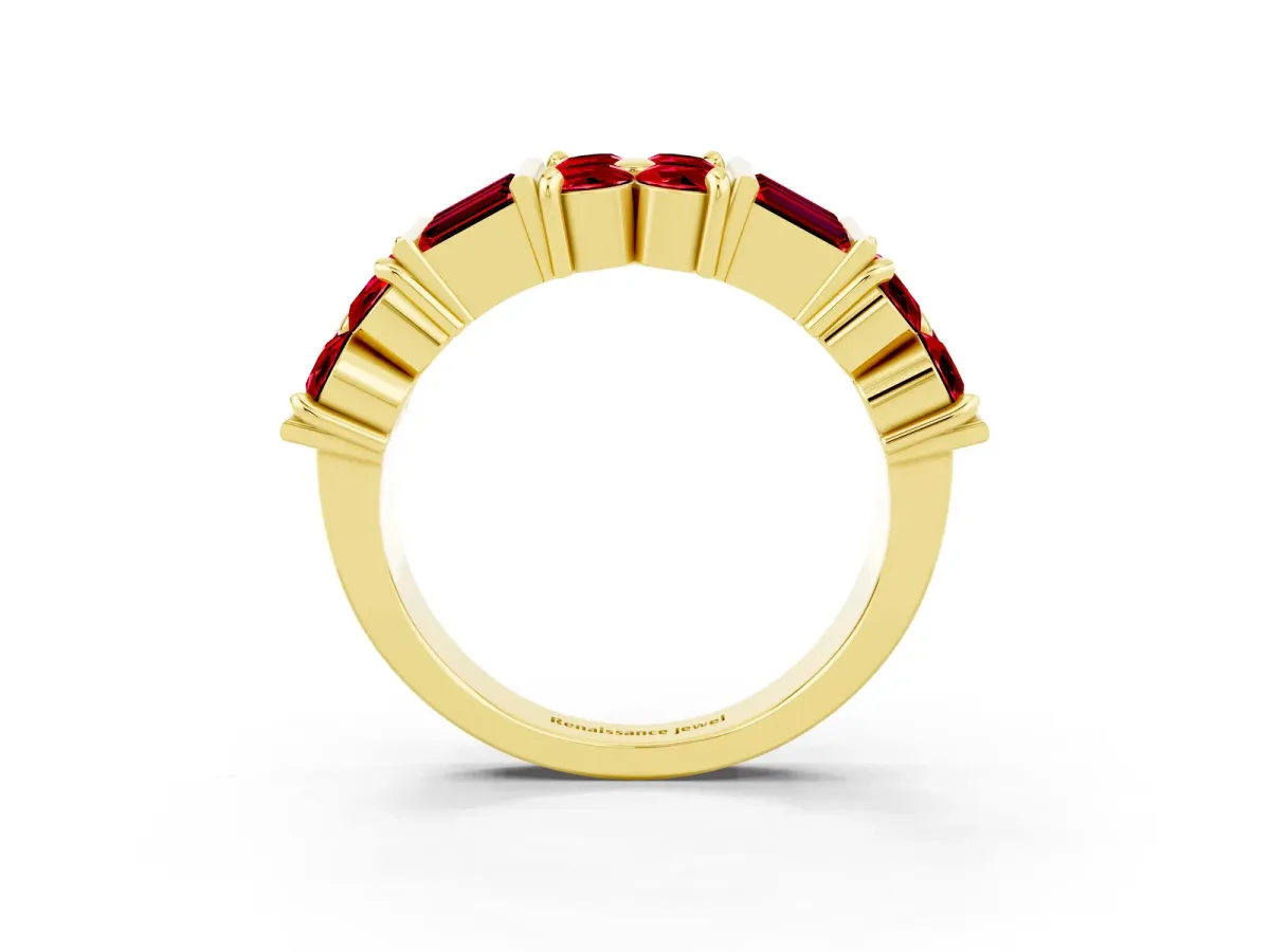 Channel Set Round and Baguette Ruby Anniversary Band with Prong Setting Yellow gold