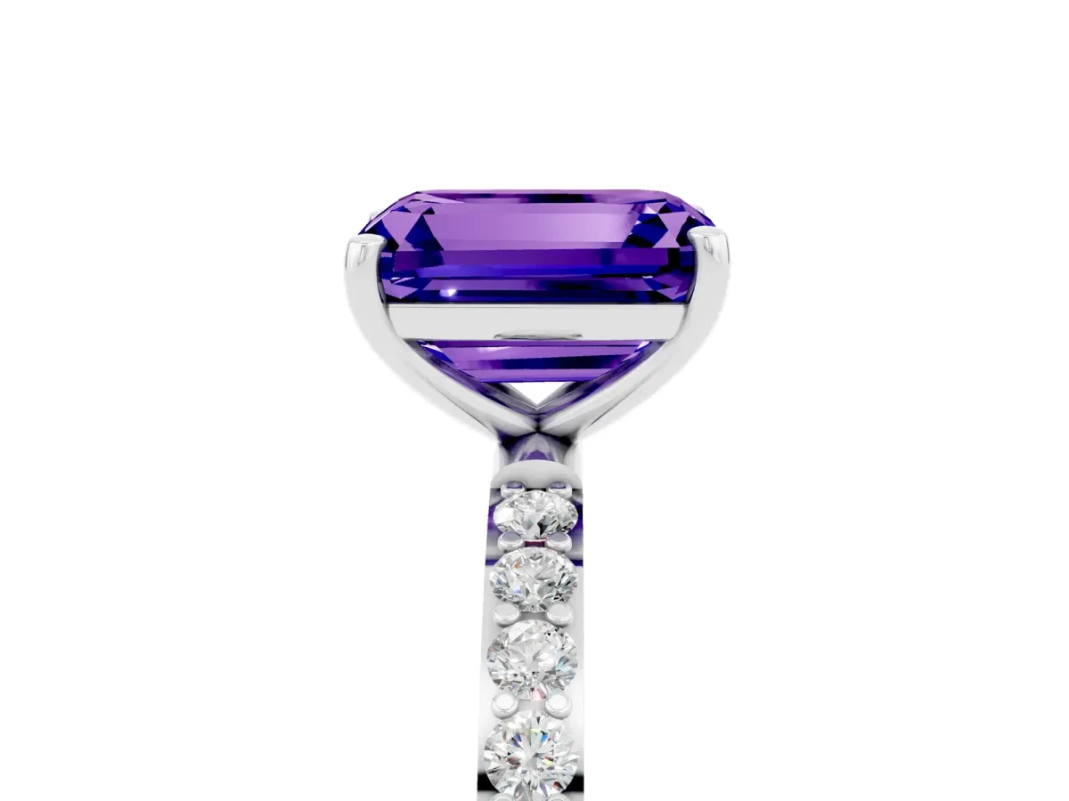 Emerald Cut Tanzanite Solitaire Ring with Round Pavé Band and Prong Setting Platinum