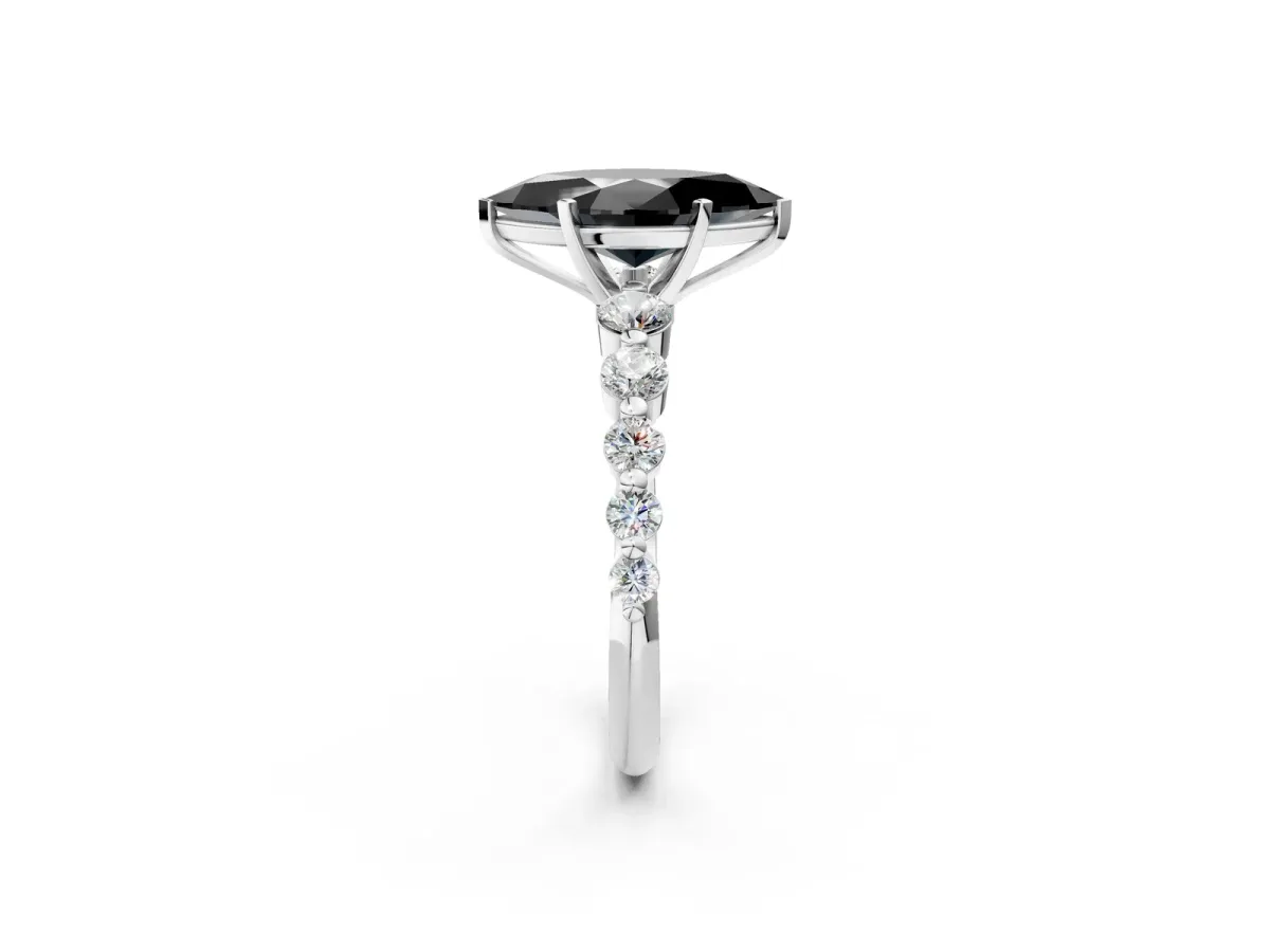 Fancy Black Marquise Cut Solitaire Diamond Ring with Pave Band and Four-Prong Setting Silver