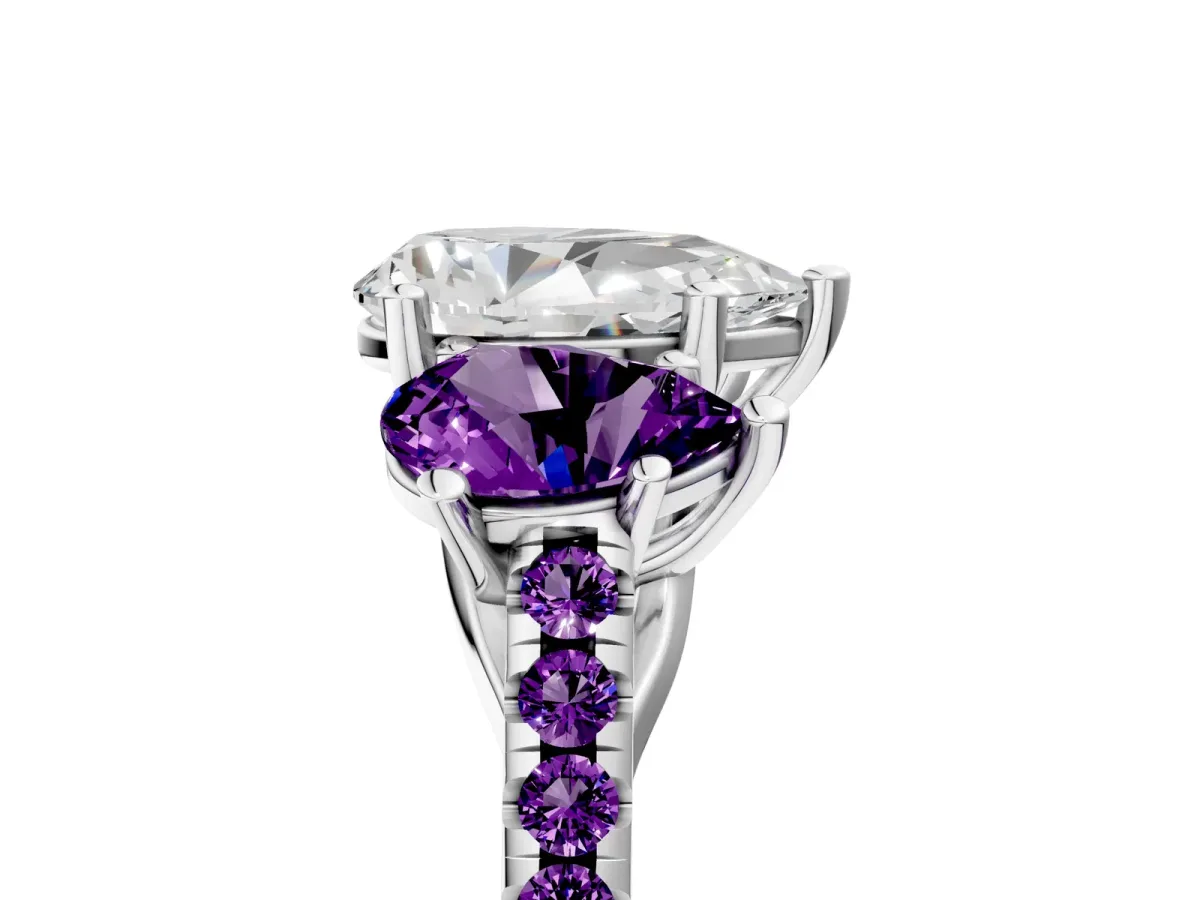 Three-Stone Pear Cut Diamond Ring with Round Amethyst Pavé Band and Prong Setting Silver