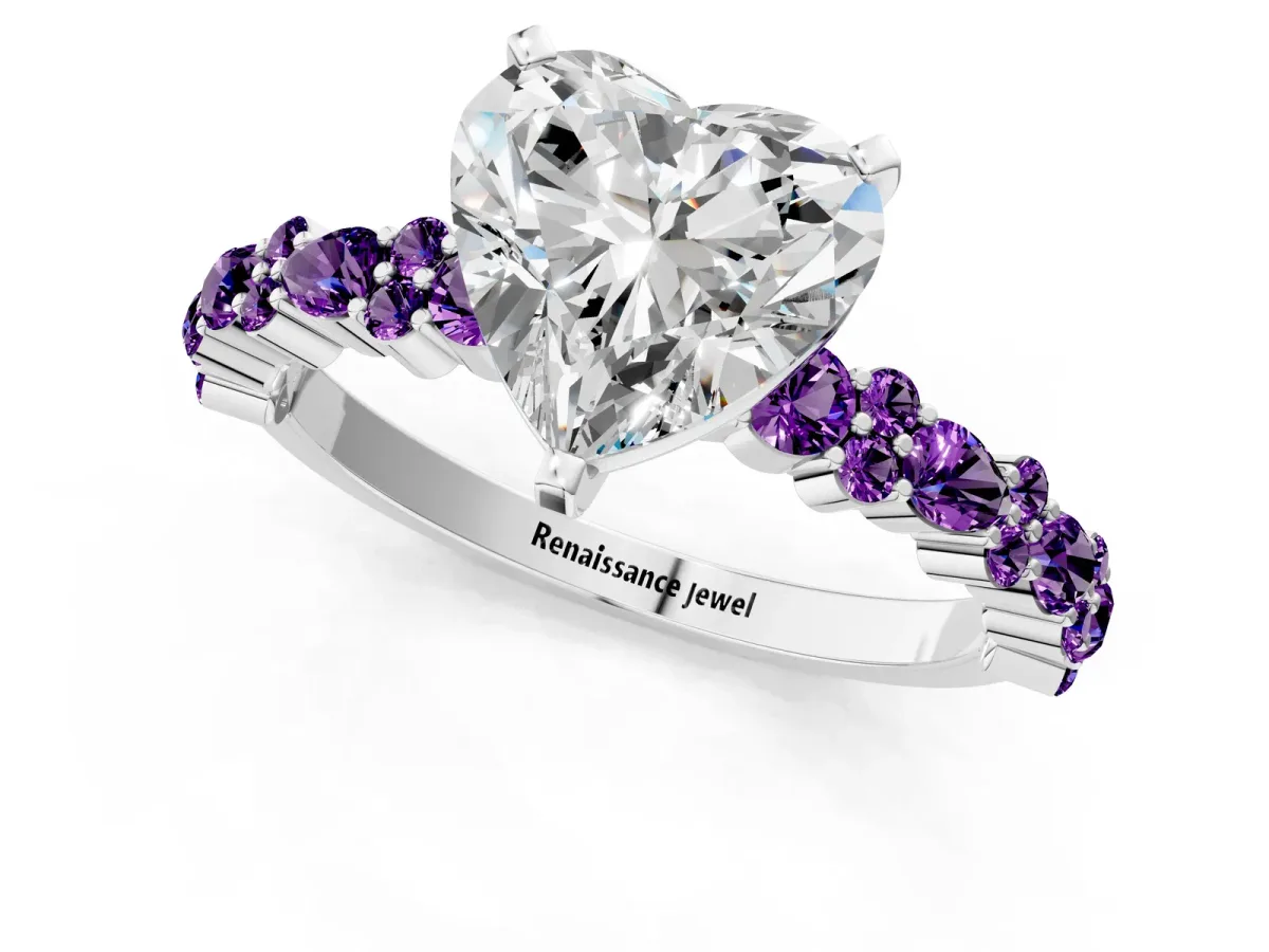 Heart Cut Diamond Side Stone Solitaire Ring with Round Amethyst and Four-Prong Setting Silver