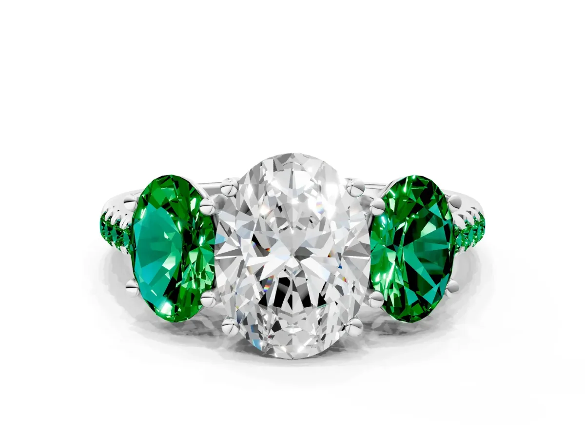 Three-Stone Oval Cut Diamond Ring with Round Emerald Pavé Band and Prong Setting Silver