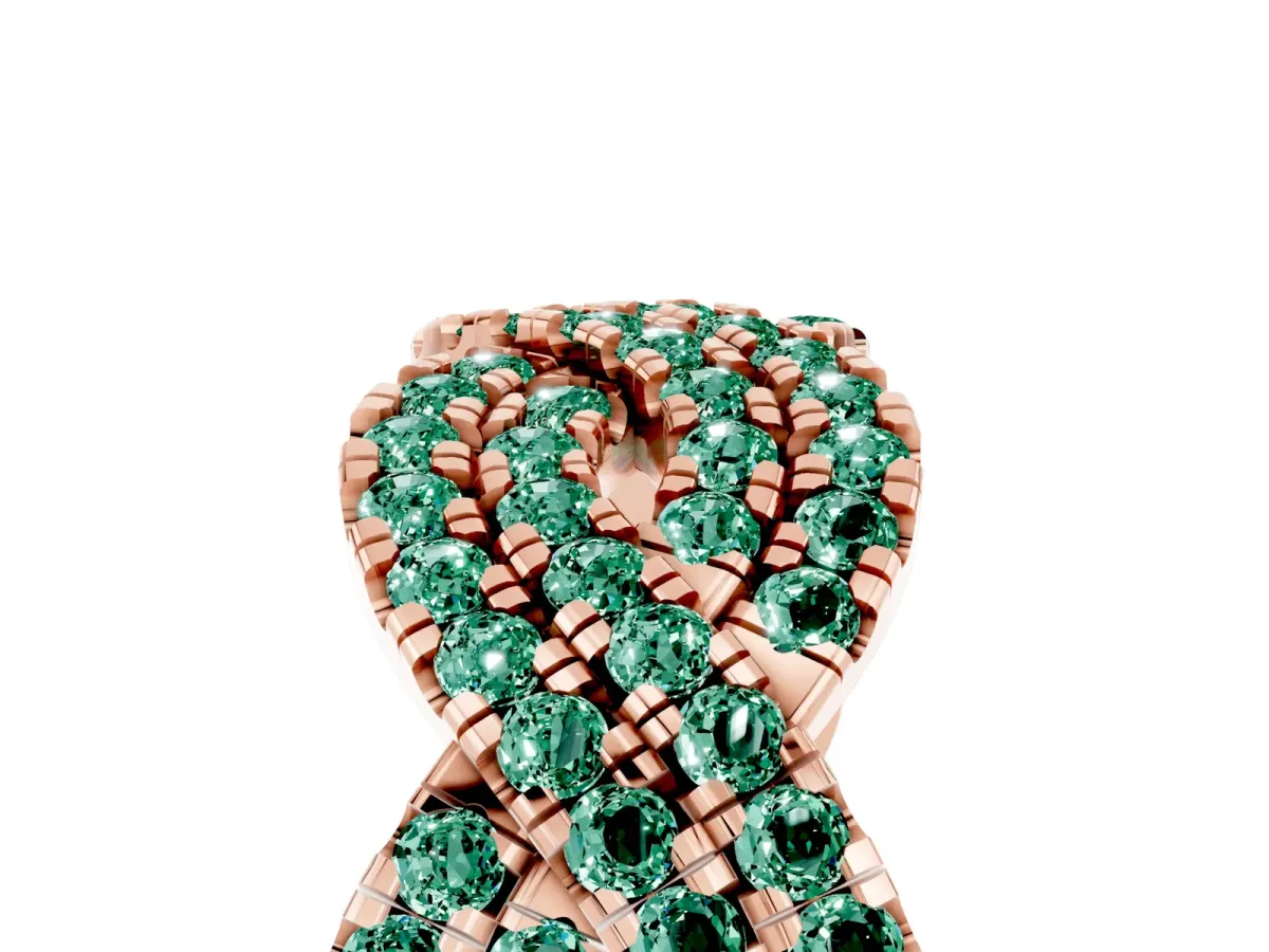 Pavé Round Green Sapphire Infinity Twist Band with Shared Prong Setting Rose gold