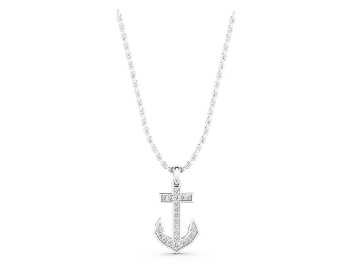 Pavé Round Diamond Anchor Pendant with Four-Prong Setting Silver
