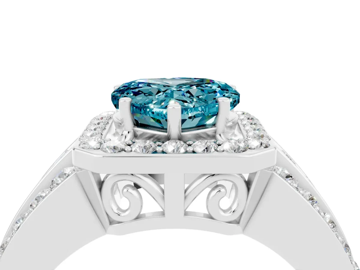 Heart Cut Halo Blue Topaz Ring with Round Split Shank and Prong Setting Silver