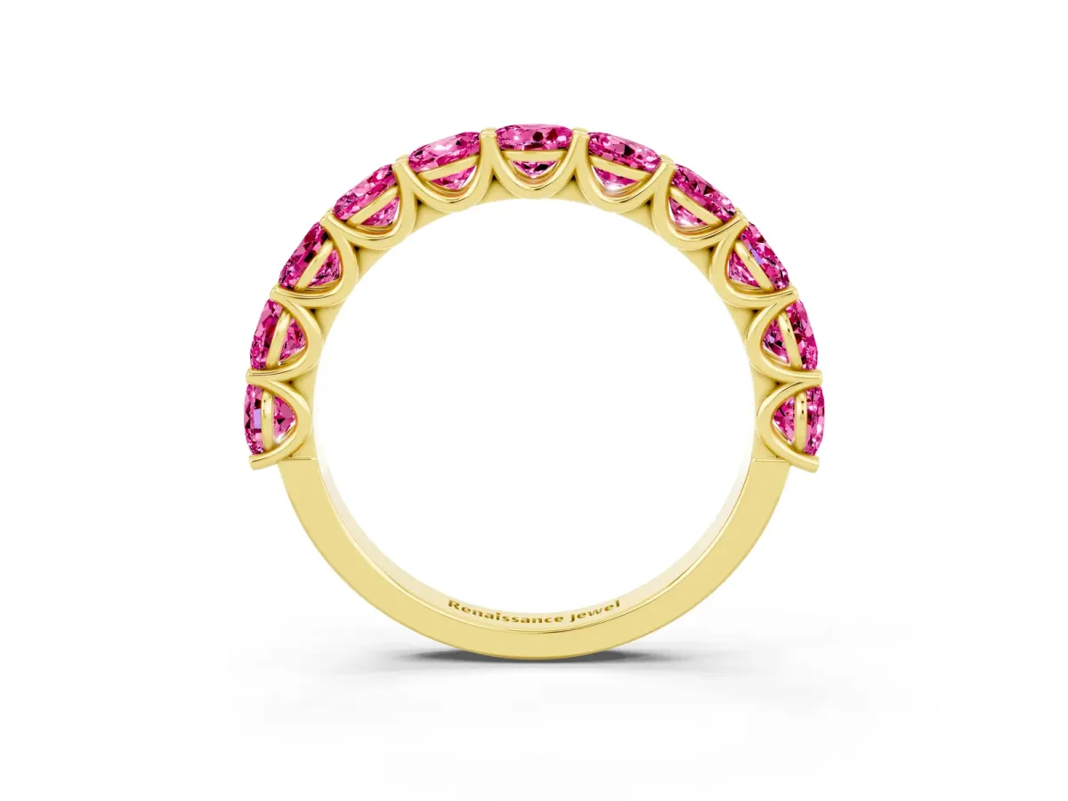 Round Pink Sapphire Shared Prong Eternity Band Yellow gold
